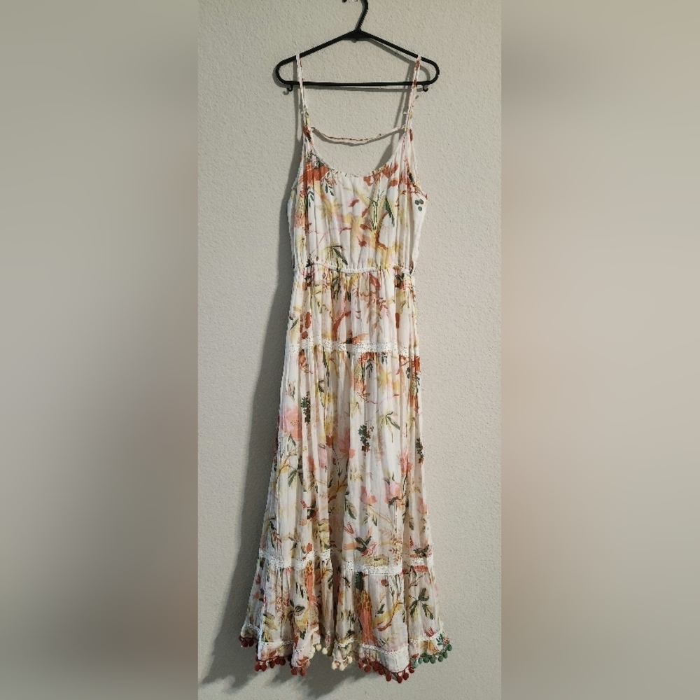 Ranee’s Tropical Tiered Midi Cover-up Dress mini pompoms size small